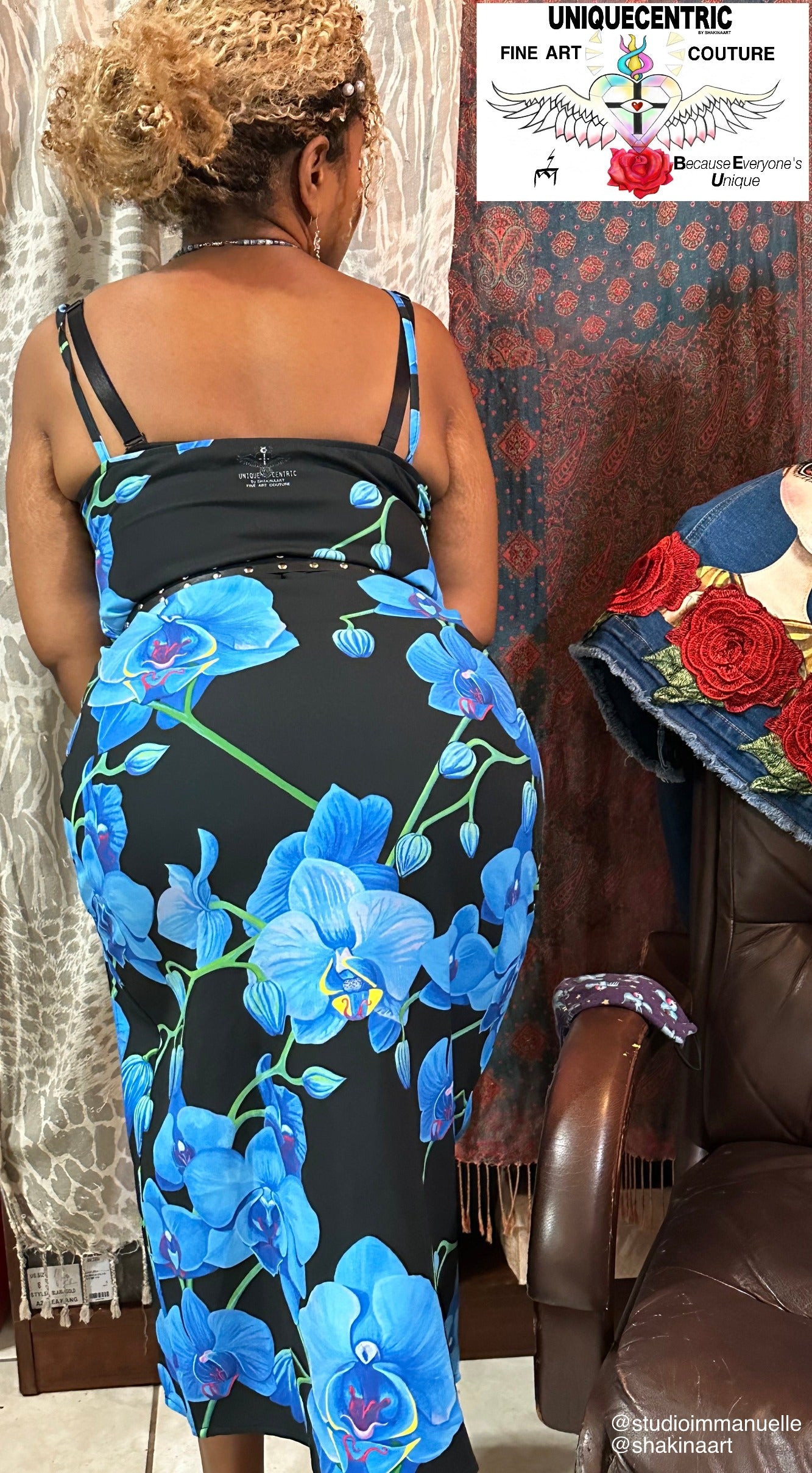 UNIQUE CENTRIC FINE ART COUTURE BLUE ORCHID BOUQUET FINE ART SPLIT TIE Queen  DRESS - by Shakinaart showcase your hourglass figure AND Capture PEOPLE’S attention with this stunning CHIC  & BOLD BLACK blue VELVET ORCHID floral print ELEGANT & SEXY SPLIT THIGH dress. Be Unique & Fabulous, while Embracing botanical elegance, beauty, grace and style.