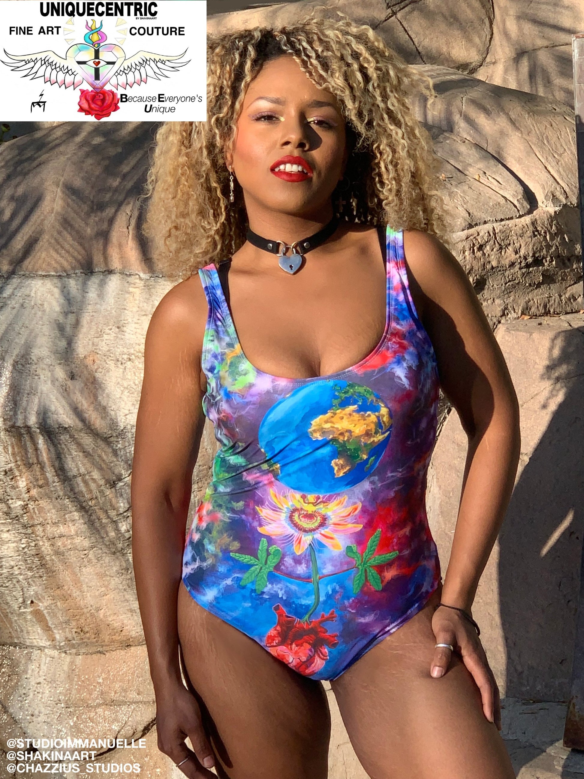 UNIQUE CENTRIC FINE ART COUTURE Rainbow Galaxy Rave Festival Earth Heart Queen Bodysuit. Dive into Summer & Capture the essence of love and adventure with this vibrant swimsuit WITH GALAXY RAINBOW BACKGROUND featuring Earth a PASSIONFLOWER AND A heart. Embrace your unique style and Express your love for our planet while looking stylish and confident. radiate positivity & make a statement by the poolside or at the beach! Earth day 2024 by shakinaart