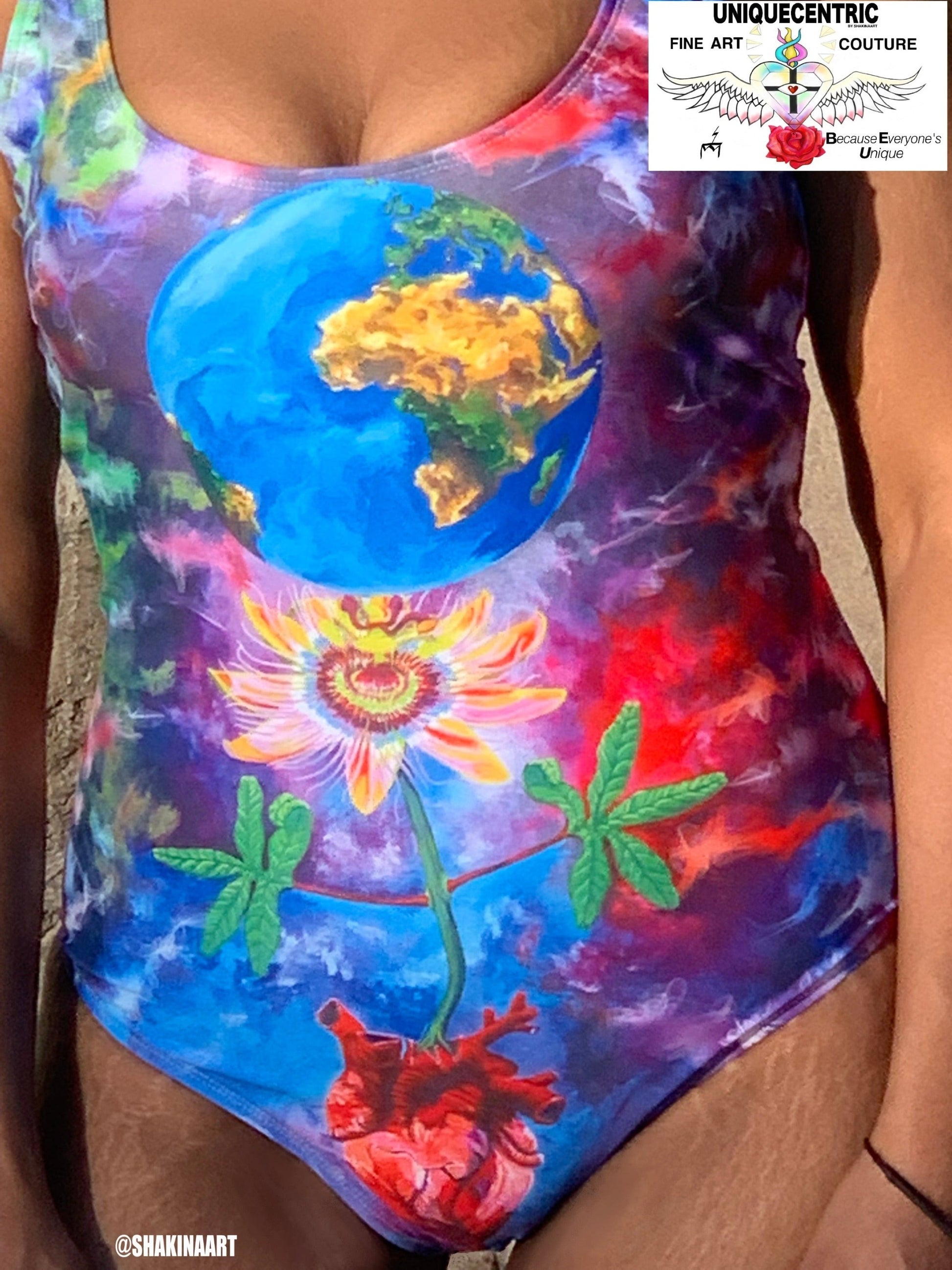 UNIQUE CENTRIC FINE ART COUTURE Rainbow Galaxy Rave Festival Earth Heart Queen Bodysuit. Dive into Summer & Capture the essence of love and adventure with this vibrant swimsuit WITH GALAXY RAINBOW BACKGROUND featuring Earth a PASSIONFLOWER AND A heart. Embrace your unique style and Express your love for our planet while looking stylish and confident. radiate positivity & make a statement by the poolside or at the beach! Earth day 2024 by shakinaart