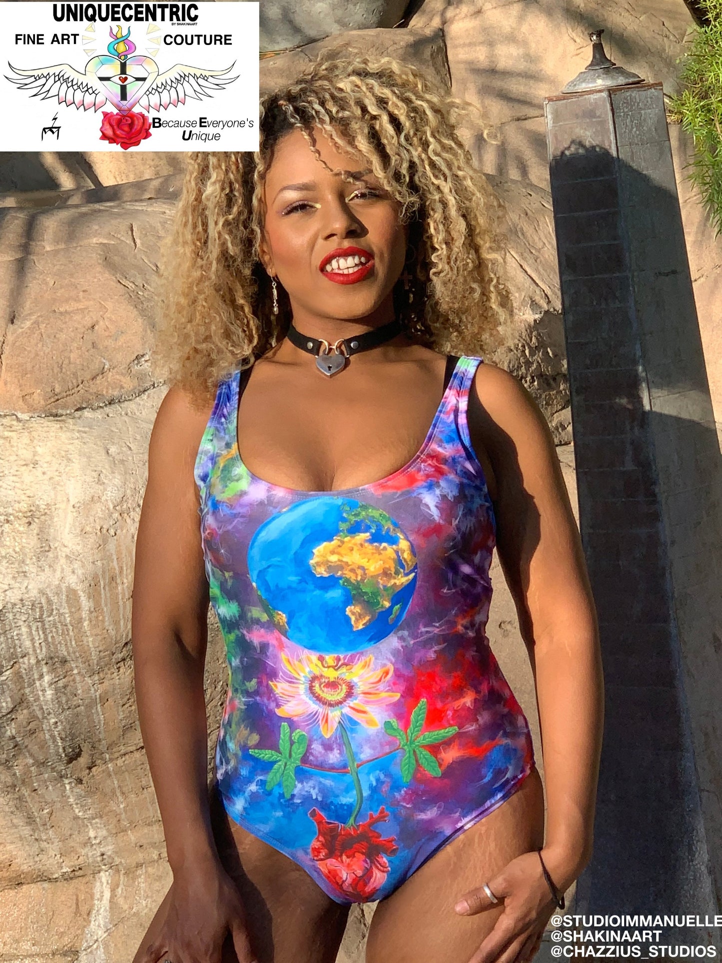 UNIQUE CENTRIC FINE ART COUTURE Rainbow Galaxy Rave Festival Earth Heart Queen Bodysuit. Dive into Summer & Capture the essence of love and adventure with this vibrant swimsuit WITH GALAXY RAINBOW BACKGROUND featuring Earth a PASSIONFLOWER AND A heart. Embrace your unique style and Express your love for our planet while looking stylish and confident. radiate positivity & make a statement by the poolside or at the beach! Earth day 2024 by shakinaart