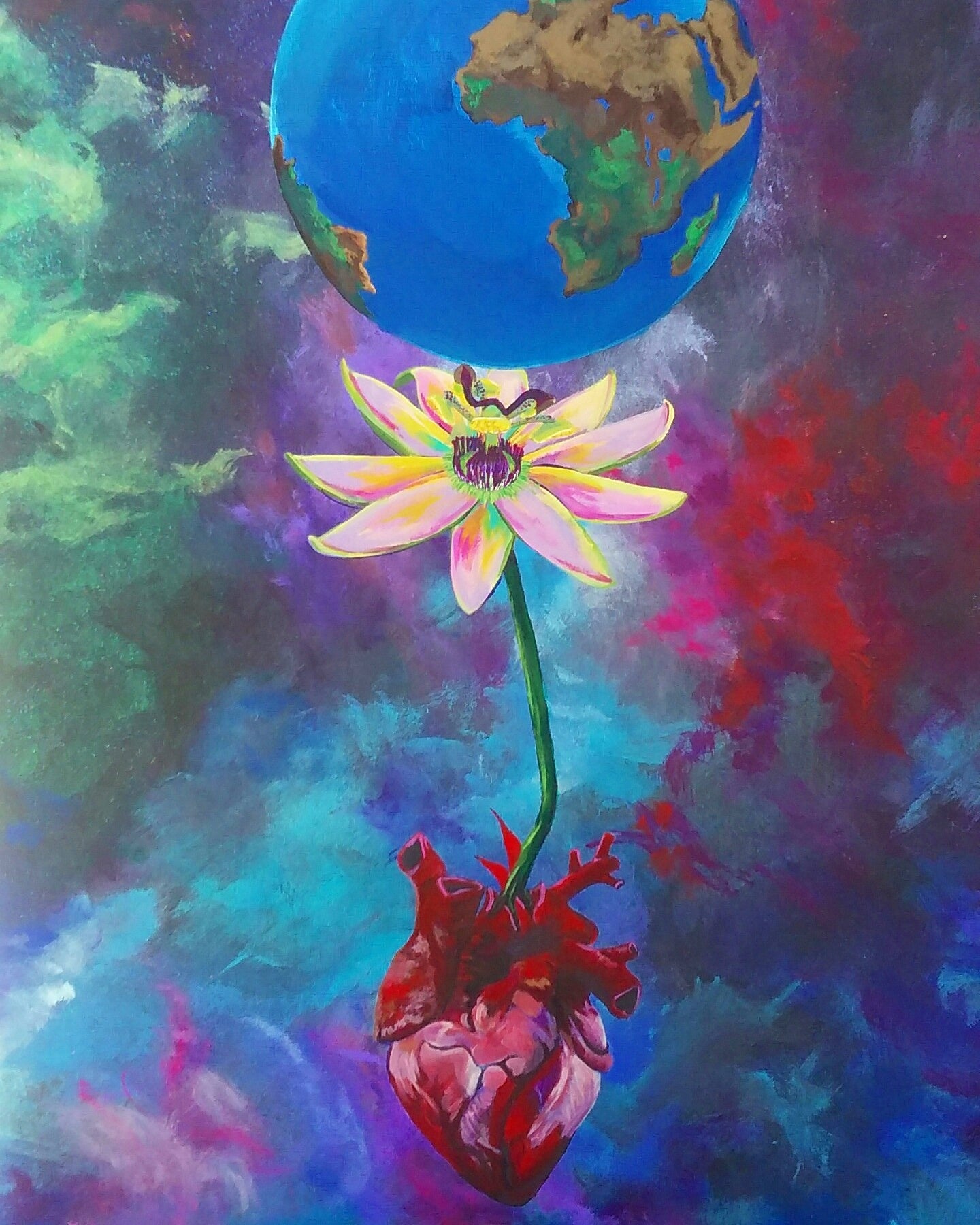 UNIQUE CENTRIC FINE ART COUTURE EARTH DAY EARTH HEART  by SHAKINAART vibrant KING t-shirt with an abstract RAINBOW GALAXY  BACKGROUND WITH heart, PASSION FLOWER AND earth painting. ALL LIVES MATTER 