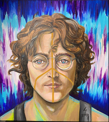 Painting of John Lennon with glasses Peace Eyes and Face and The Beatles. Imagine yoko ono shakinaart fine art drink coaster Artwork featuring John Lennon. Portrait of John Lennon wearing  harry potter glasses with Imagine  in the frequency double fantasy background Perfect for protecting surfaces from drink spills.