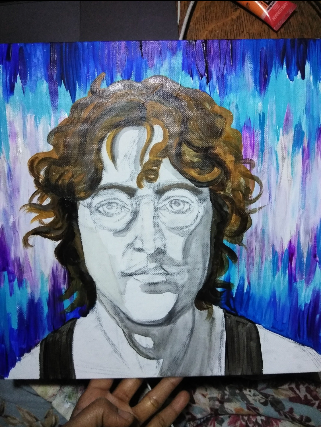 Painting of John Lennon with glasses Peace Eyes and Face and The Beatles. Imagine yoko ono shakinaart fine art drink coaster Artwork featuring John Lennon. Portrait of John Lennon wearing  harry potter glasses with Imagine  in the frequency double fantasy background Perfect for protecting surfaces from drink spills.