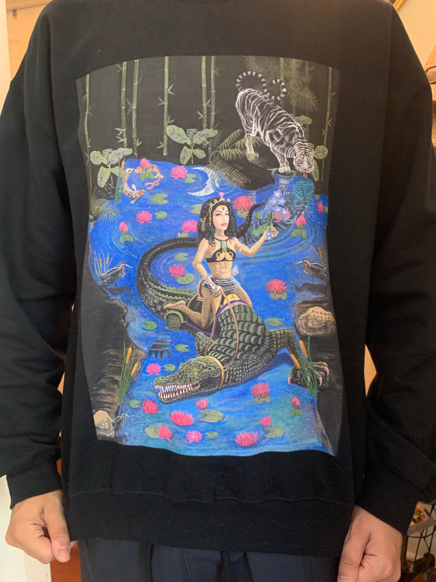 UNIQUE CENTRIC FINE ART JACOB'S LADDER WILLIAM BLAKE LED ZEPPELIN STAIRWAY TO HEAVEN  BEAUTY AND THE BEAST DISNEYLAND PRINCESS GODDESS TIGER LILY NEVERLAND WHITE TIGER CROCODILE DRAGON RIDER SWEATSHIRT BY SHAKINAART