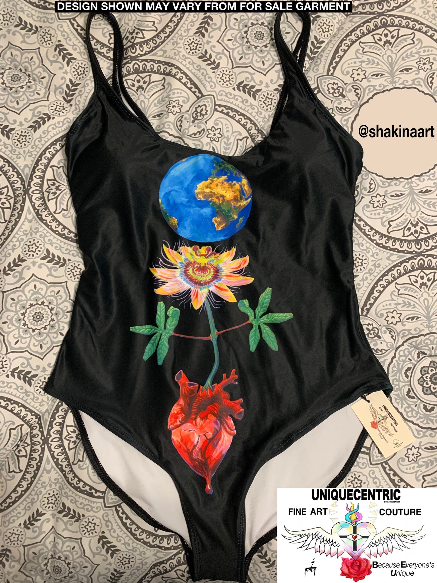 UNIQUE CENTRIC BLACK EARTH HEART ALL LIVES MATTER FINE ART QUEEN BODYSUIT - Rave Festival Earth Heart Queen Bodysuit. Dive into Summer & Capture the essence of love and adventure with this vibrant black background swimsuit featuring Earth a PASSIONFLOWER AND A heart. Embrace your unique style and Express your love for our planet while looking stylish and confident. radiate positivity & make a statement by the poolside or at the beach! Earth day 2024 by shakinaart