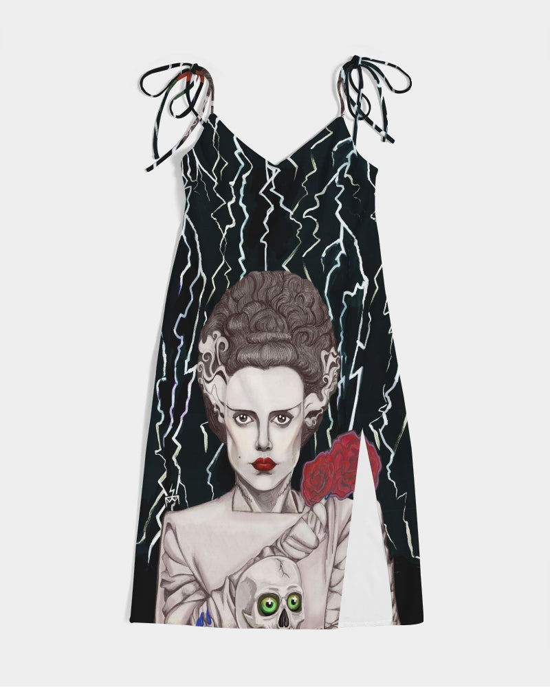 UNIQUE CENTRIC CORPSE BRIDE OF FRANKENSTEIN HALLOWEEN FINE ART SPLIT TIE DRESS  - BY  SHAKINAART BE ELECTRIC with this stunning  rebel bride of frankenstein FINE ART DRESS . At the party or beach rave festival CONCERT this elsa lanchester SPLIT THIGH DRESS is fashionable edgy AND SEXY GOTH GIRL outfit staples. THE SEXY DRESS features a hand drawn bride OF FRANKENSTEIN  with skull and roses by shakina bell. Perfect for those who dare to defy tradition. Shop now!