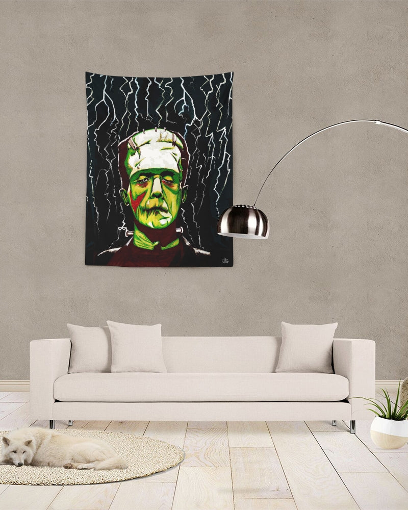 Frankenstein painting with lightning from head. Classic Frankenstein art with electrifying twist. Iconic monster depicted with electrifying energy. FRANKENSTEIN HALLOWEEN ART TAPESTRY TABLECLOTH  