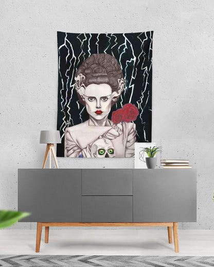 A woman holding a skull and roses, symbolizing life and death, in her hand. BRIDE OF FRANKENSTEIN ELSA LANCHESTER ART TAPESTRY TABLE CLOTH 