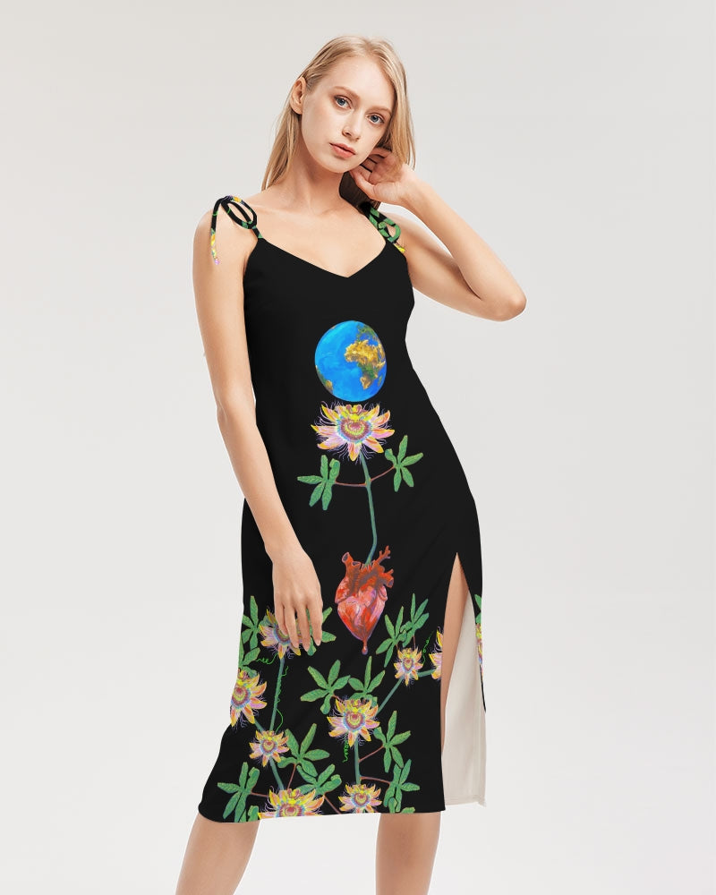 UNIQUE CENTRIC BLACK EARTH HEART ALL LIVES MATTER FINE ART SEXY SPLIT THIGH TIE DRESS - BY SHAKINAART A stylish black dress adorned with beautiful PASSION flowers, PLANET EARTH and a heart design, perfect for any occasion. SHOP GET YOURS NOW! 