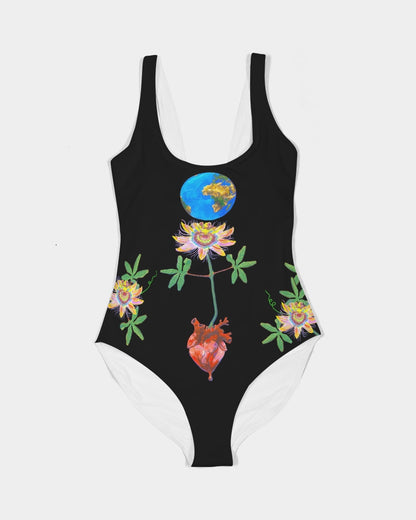 UNIQUE CENTRIC BLACK EARTH HEART ALL LIVES MATTER FINE ART QUEEN BODYSUIT - Rave Festival Earth Heart Queen Bodysuit. Dive into Summer & Capture the essence of love and adventure with this vibrant black background swimsuit featuring Earth a PASSIONFLOWER AND A heart. Embrace your unique style and Express your love for our planet while looking stylish and confident. radiate positivity & make a statement by the poolside or at the beach! Earth day 2024 by shakinaart