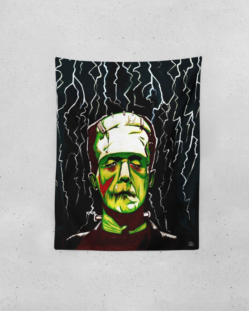 Frankenstein painting with lightning from head. Classic Frankenstein art with electrifying twist. Iconic monster depicted with electrifying energy. FRANKENSTEIN HALLOWEEN ART TAPESTRY TABLECLOTH  