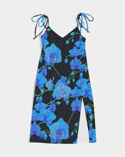 UNIQUE CENTRIC FINE ART COUTURE BLUE ORCHID BOUQUET FINE ART SPLIT TIE Queen  DRESS - by Shakinaart showcase your hourglass figure AND Capture PEOPLE’S attention with this stunning CHIC  & BOLD BLACK blue VELVET ORCHID floral print ELEGANT & SEXY SPLIT THIGH dress. Be Unique & Fabulous, while Embracing botanical elegance, beauty, grace and style.