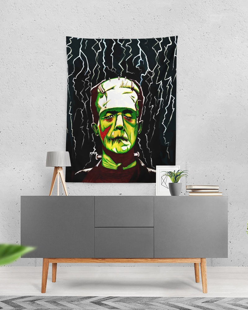 Frankenstein painting with lightning from head. Classic Frankenstein art with electrifying twist. Iconic monster depicted with electrifying energy. FRANKENSTEIN HALLOWEEN ART TAPESTRY TABLECLOTH  