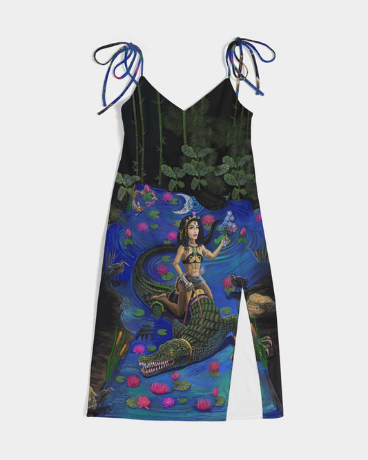 UNIQUE CENTRIC JACOB'S LADDER : BEAUTY & THE BEAST FINE ART SPLIT TIE DRESS - showcase your hourglass figure & Unleash your adventurous sexy and elegant side with this daring chic stylish fashion dress by unique centric fine art couture featuring a woman goddess confidently and fearlessly riding a crocodile alligator in the water, a master painting now available to wear by shakinaart