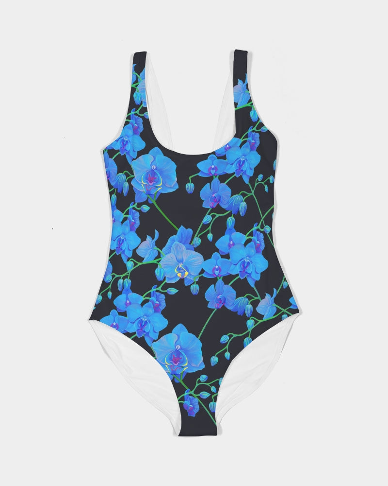 Dive into Summer with confidence & make a splash in this chic & stunningly gorgeous blue orchid one piece swimsuit. A great addition to your designer swimwear collection. Be Unique & Fabulous, while Embracing botanical elegance, beauty, grace and style at the pool party & beach! by SHAKINAART