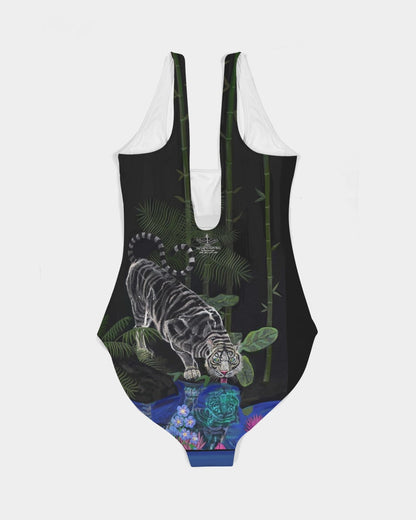 UNIQUE CENTRIC JACOB'S LADDER : BEAUTY & THE BEAST FINE ART QUEEN BODYSUIT -  BEAUTY CONQUERS THE BEAST BY SHAKINAART. Experience the perfect blend of daring and style with this captivating QUEEN BODYSUIT, Featuring a woman riding a crocodile, it's a symbol of fearlessness and individuality. Embrace your inner adventurer!