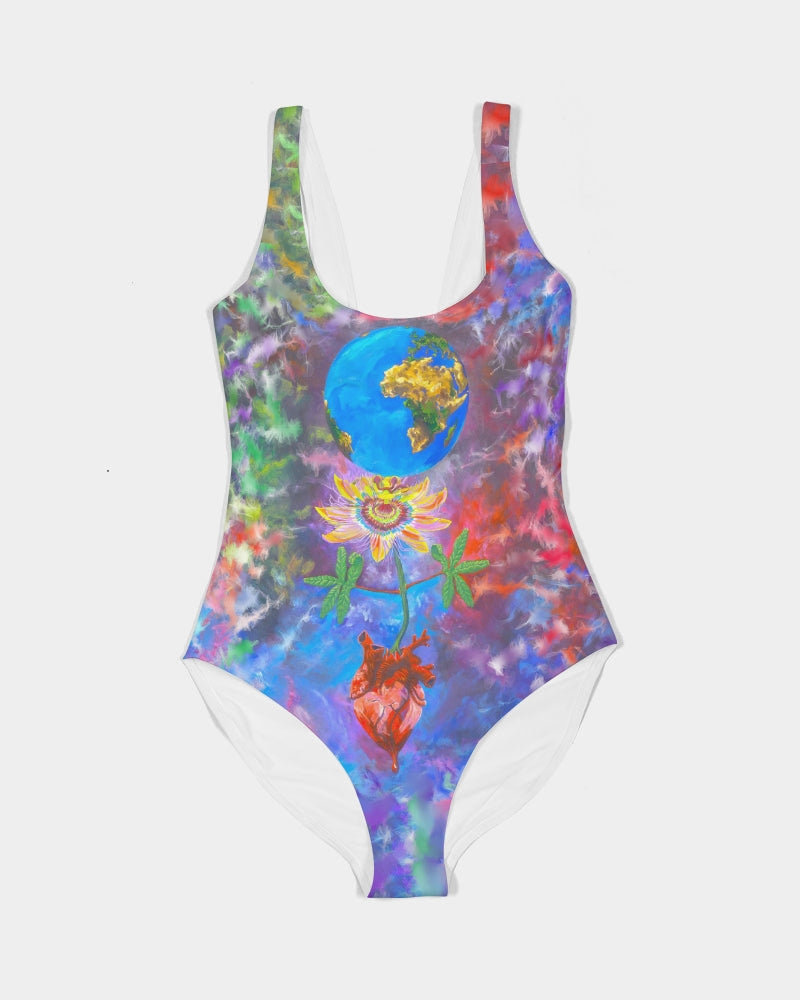 UNIQUE CENTRIC FINE ART COUTURE Rainbow Galaxy Rave Festival Earth Heart Queen Bodysuit. Dive into Summer & Capture the essence of love and adventure with this vibrant swimsuit WITH GALAXY RAINBOW BACKGROUND featuring Earth a PASSIONFLOWER AND A heart. Embrace your unique style and Express your love for our planet while looking stylish and confident. radiate positivity & make a statement by the poolside or at the beach! Earth day 2024 by shakinaart