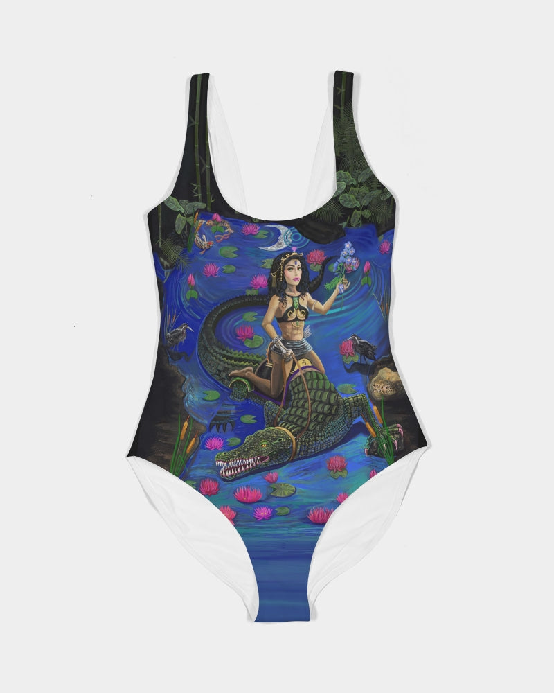 UNIQUE CENTRIC JACOB'S LADDER : BEAUTY & THE BEAST FINE ART QUEEN BODYSUIT -  BEAUTY CONQUERS THE BEAST BY SHAKINAART. Experience the perfect blend of daring and style with this captivating QUEEN BODYSUIT, Featuring a woman riding a crocodile, it's a symbol of fearlessness and individuality. Embrace your inner adventurer!