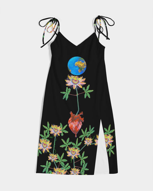 UNIQUE CENTRIC BLACK EARTH HEART ALL LIVES MATTER FINE ART SEXY SPLIT THIGH TIE DRESS - BY SHAKINAART A stylish black dress adorned with beautiful PASSION flowers, PLANET EARTH and a heart design, perfect for any occasion. SHOP GET YOURS NOW! 